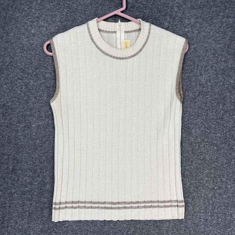 Vintage Vivanti Ribbed Sweater Vest Womens Small Cream Beige Striped 80s Preppy